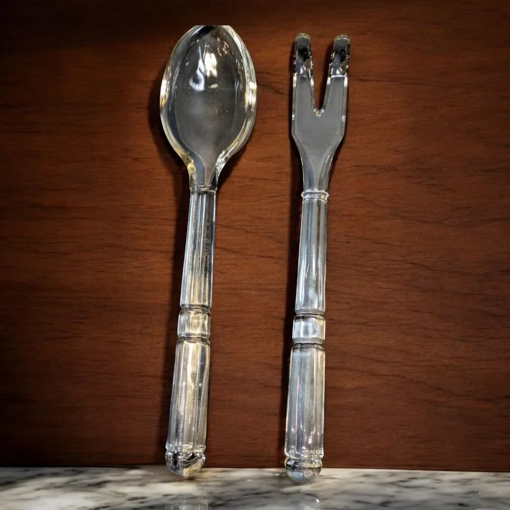 Vintage Glass Salad Serving Set Utensils 10